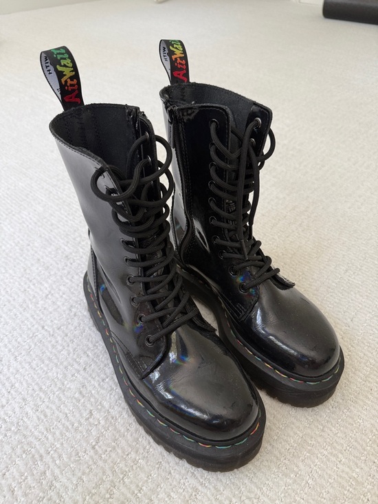 Dr. Martens Shoes - Dr. Martens Black Iridescent Patent Lace-Up Platform Boots Rainbow Stitching